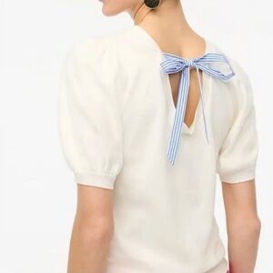 J Crew white Short-sleeve blue tie-back sweater cotton puff sleeve